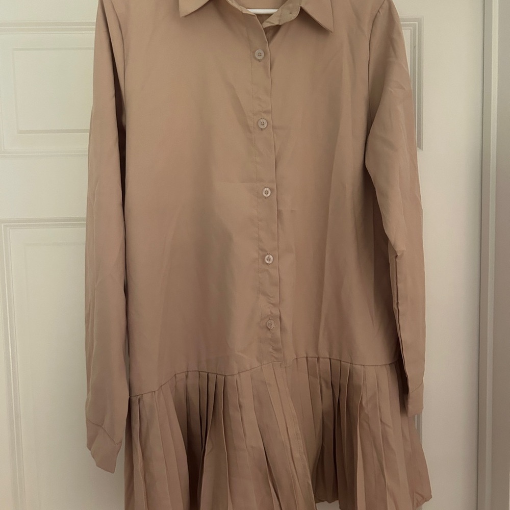 Tan Pleated Long Sleeve Shirt Dress